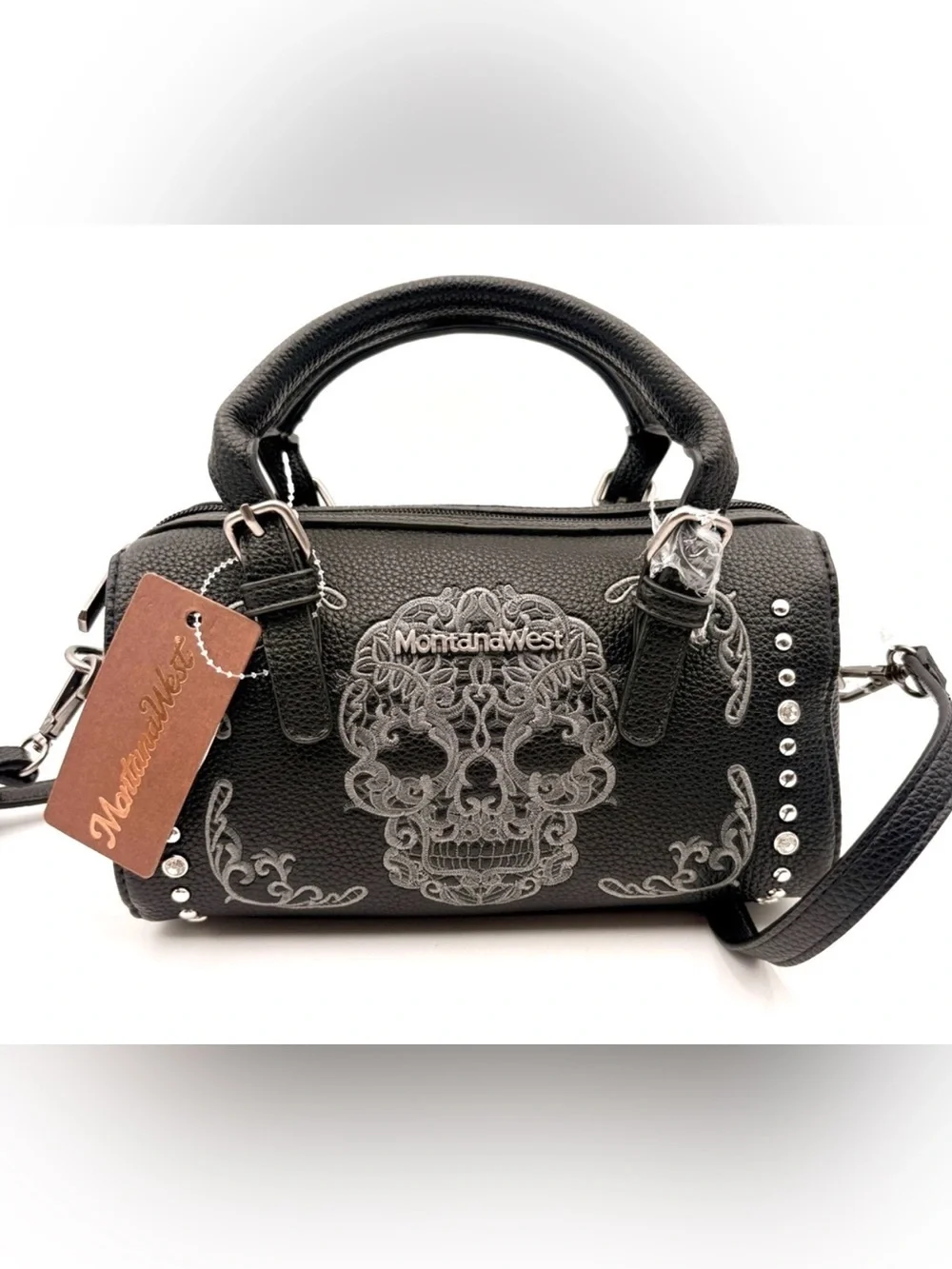 ☠️Montana West Black Embroidered Skull Barrel Satchel with Accents☠️NWT